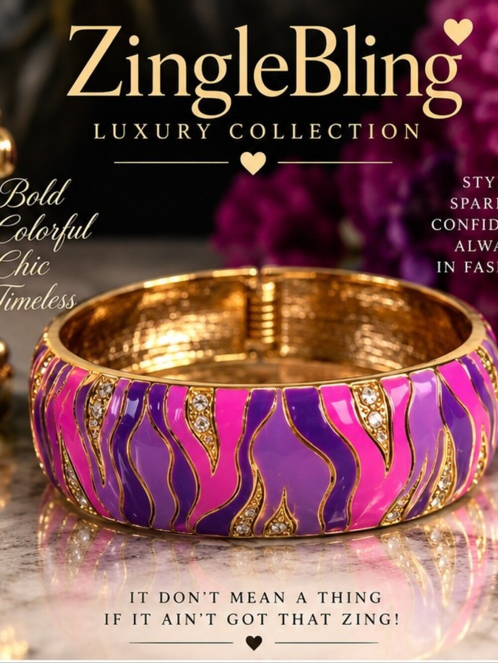 NWT MANLUCK Pink Purple Enamel Rhinestone Gold Tone Clamper Bracelet